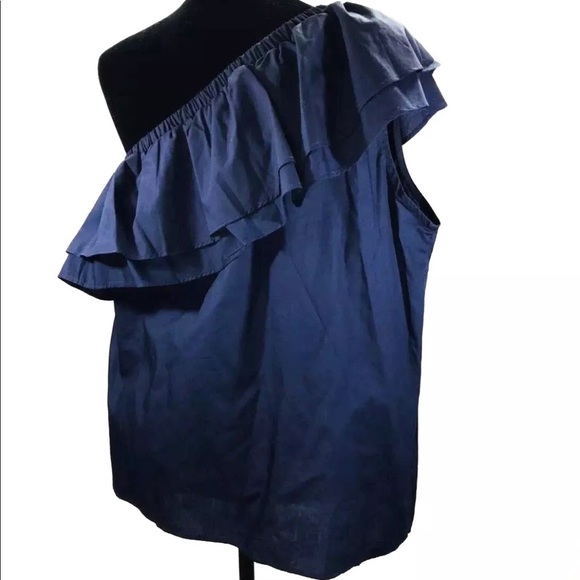 Navy Blue One Shoulder Double Ruffle Top - Picture 3 of 8